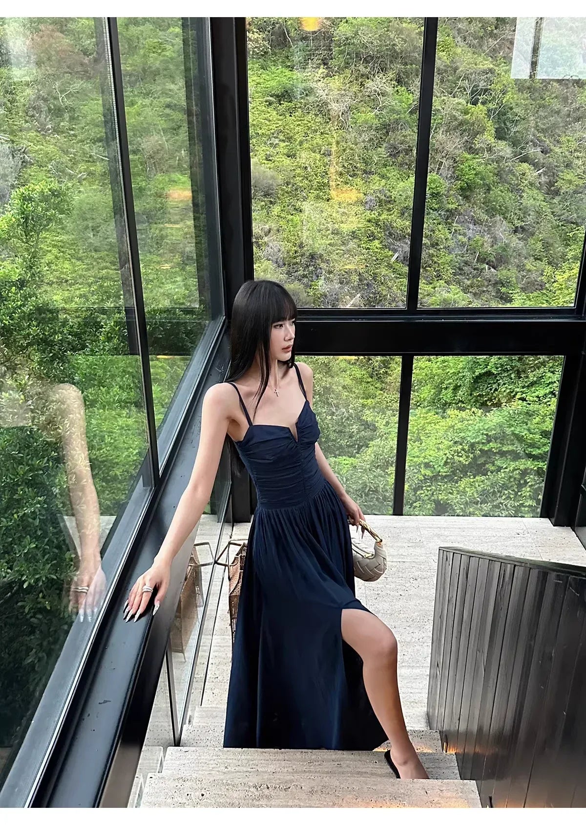 Elegant Casual A-Line Spaghetti Strap Open Back Navy Blue Maxi Prom Dress