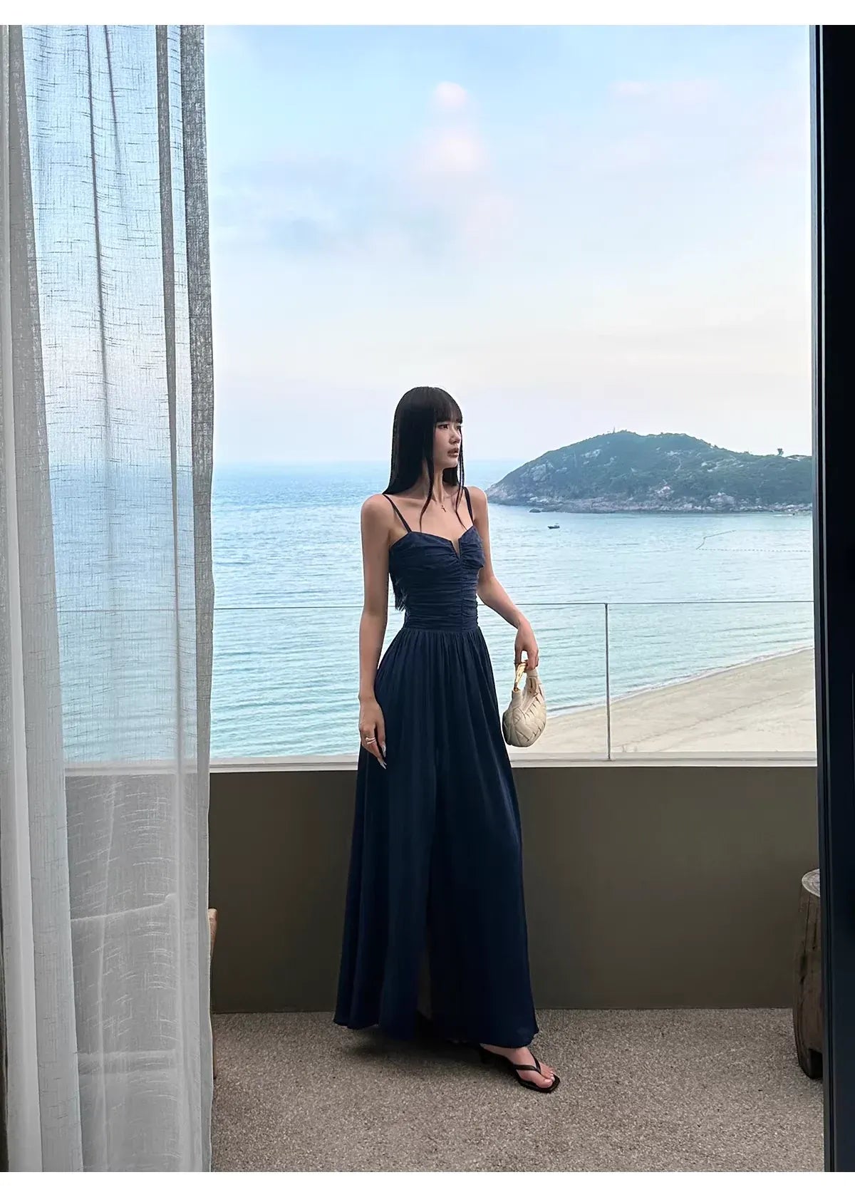 Elegant Casual A-Line Spaghetti Strap Open Back Navy Blue Maxi Prom Dress