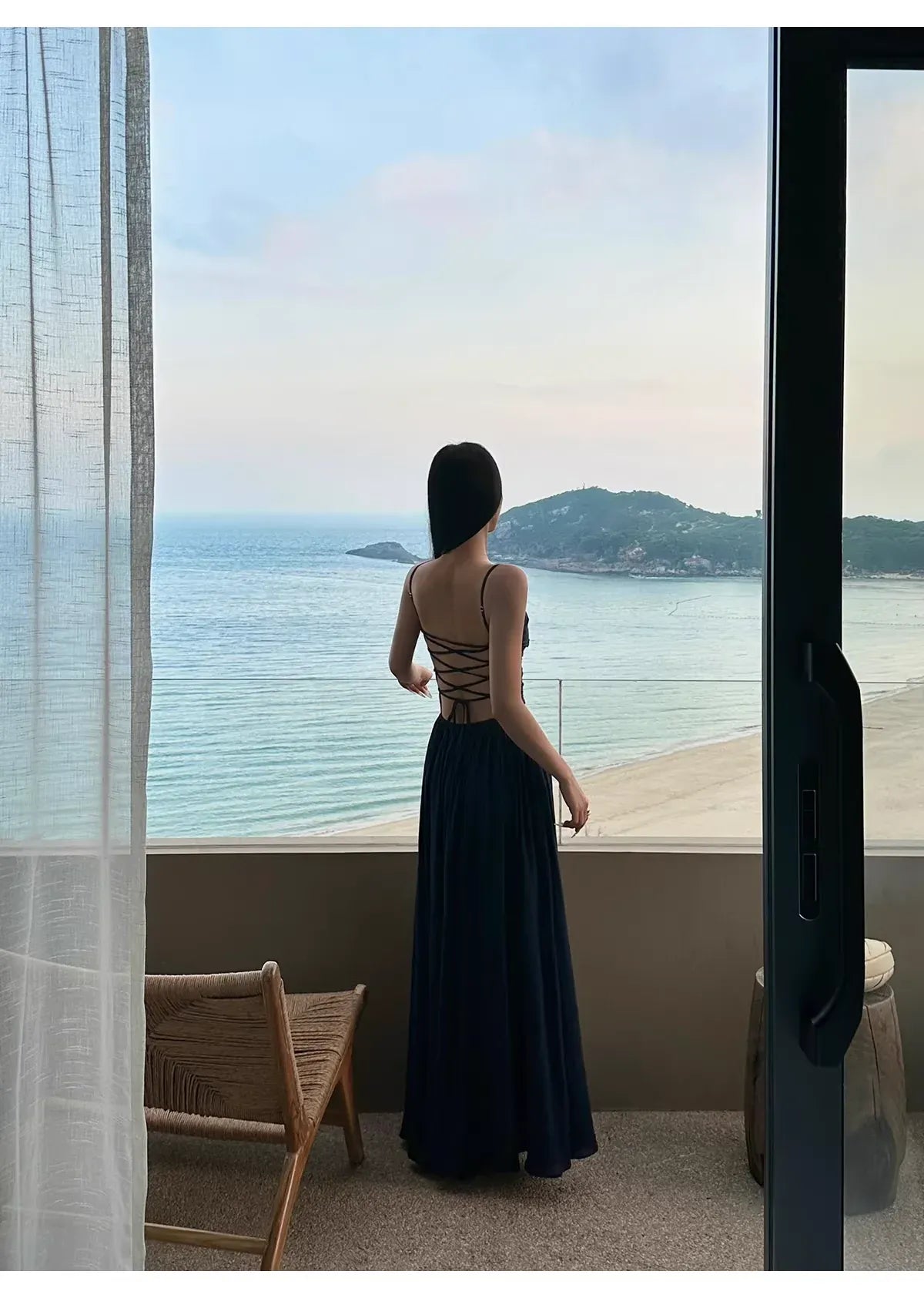 Elegant Casual A-Line Spaghetti Strap Open Back Navy Blue Maxi Prom Dress