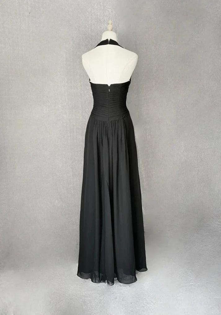 Elegant Casual A-line Halter Pleated Rhinestone Black Long Party Dress