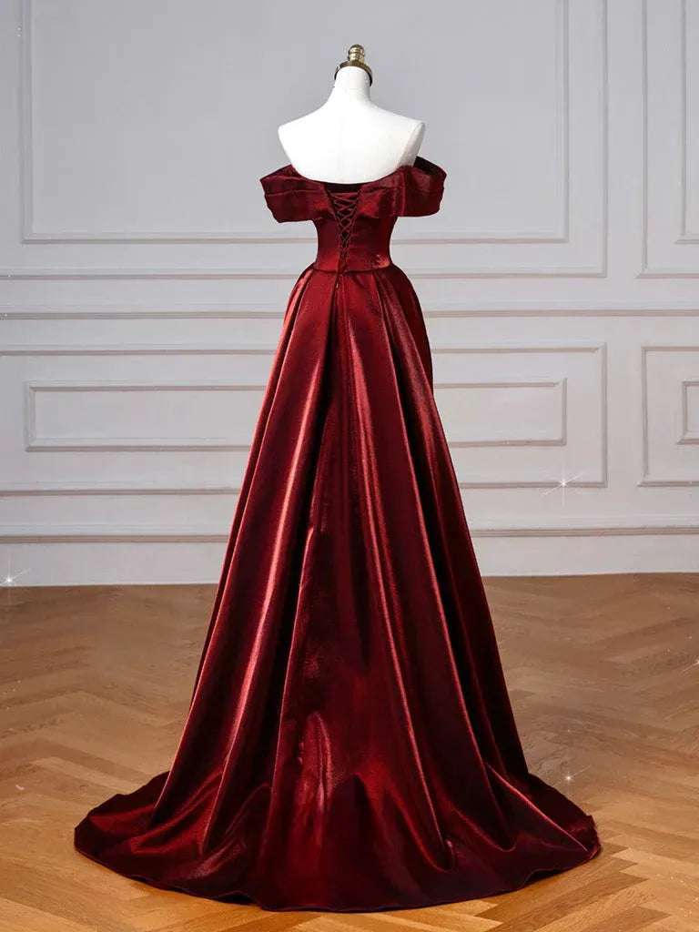 Elegant Charming A-Line Off Shoulder Ruched Satin Burgundy Long Prom Dresses