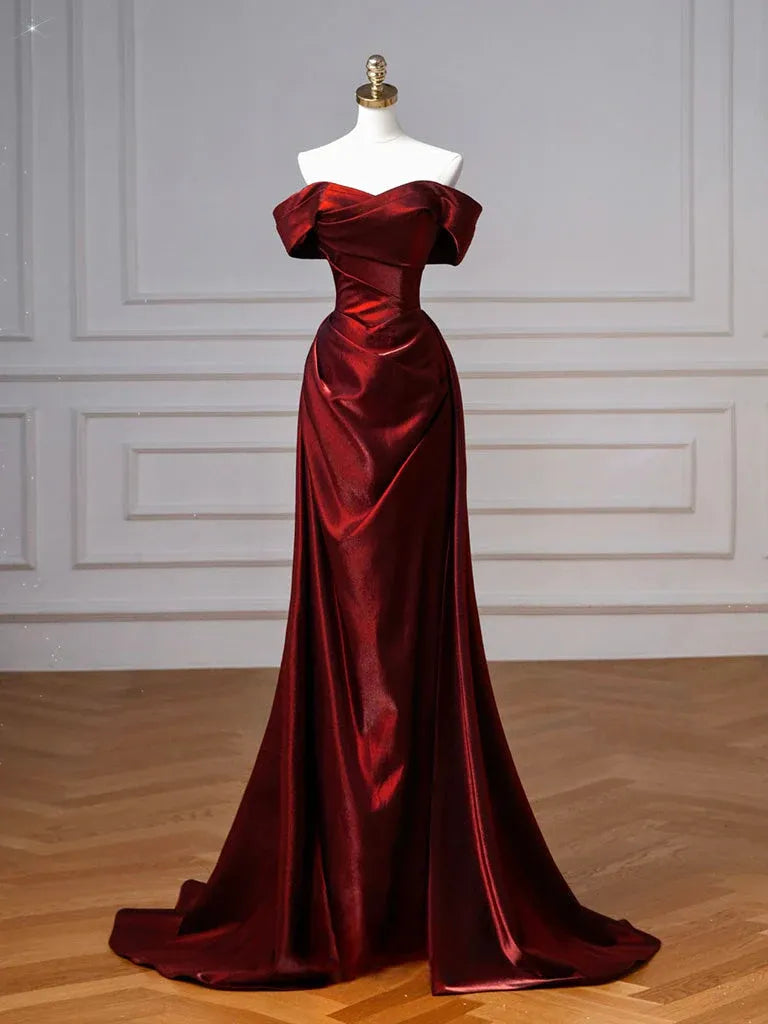 Elegant Charming A-Line Off Shoulder Ruched Satin Burgundy Long Prom Dresses