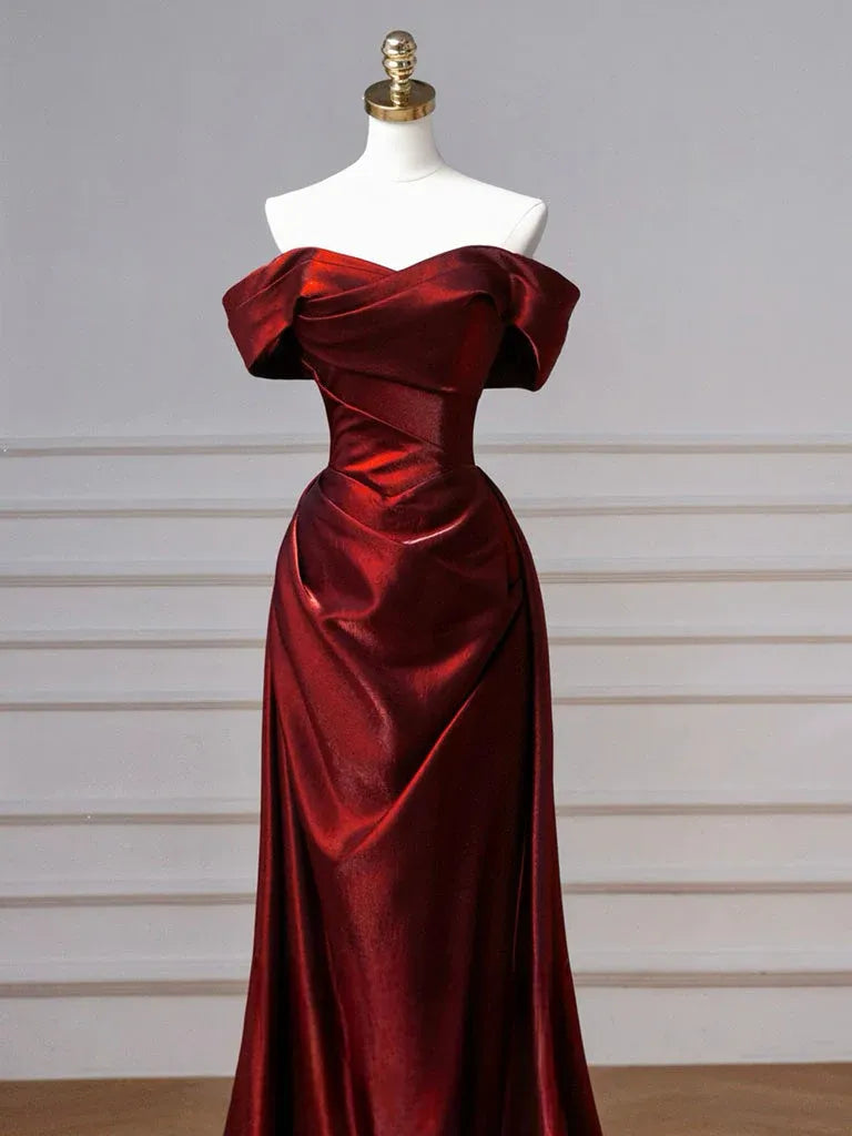 Elegant Charming A-Line Off Shoulder Ruched Satin Burgundy Long Prom Dresses