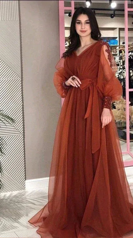 Elegant Chiffon Long Evening Dress Rust V-Neck Embellished-Sleeve for Women