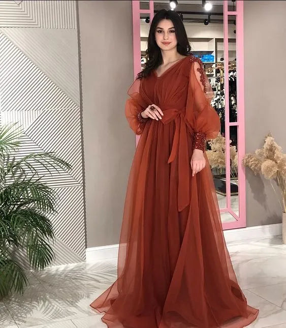 Elegant Chiffon Long Evening Dress Rust V-Neck Embellished-Sleeve for Women