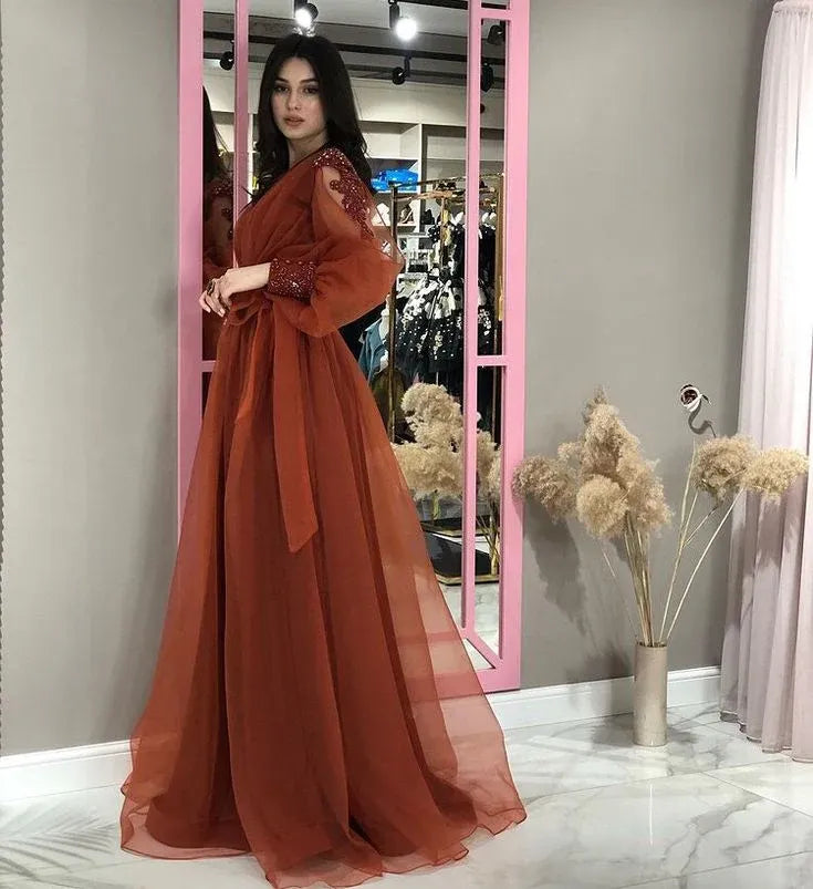 Elegant Chiffon Long Evening Dress Rust V-Neck Embellished-Sleeve for Women