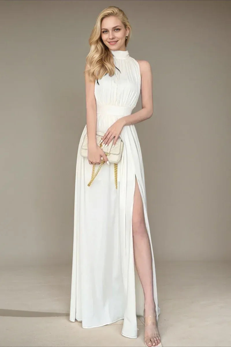 Elegant Chiffon Long Evening Dress White Halter-Neck Sleeveless Party Gown for Women