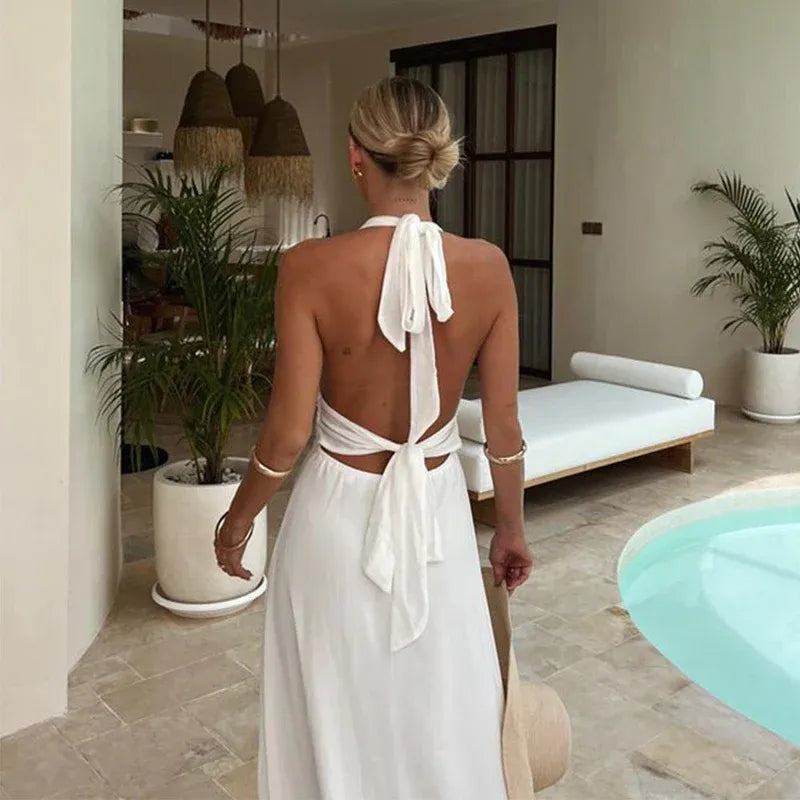 Elegant Chiffon Long Evening Dress White Halter Sleeveless Party Gown for Women