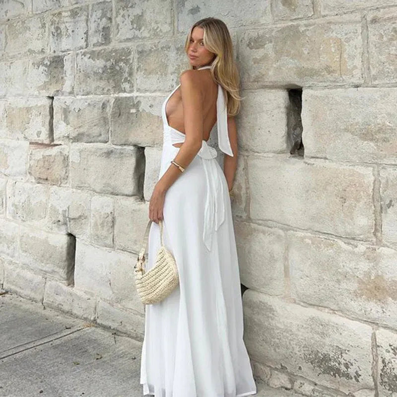 Elegant Chiffon Long Evening Dress White Halter Sleeveless Party Gown for Women