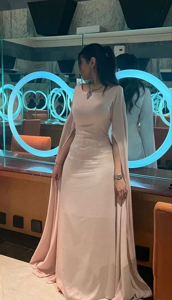 Elegant Chiffon Maxi Evening Dress Blush Square Neck Cape-Sleeve for Women