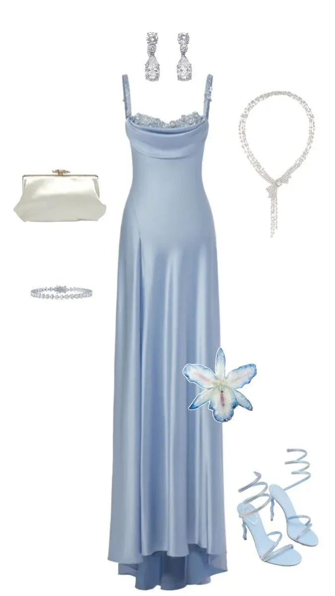 Elegant Column Cowl-Neck Sleeveless Beaded Sky Blue Maxi Prom Dress for Women ready to ship