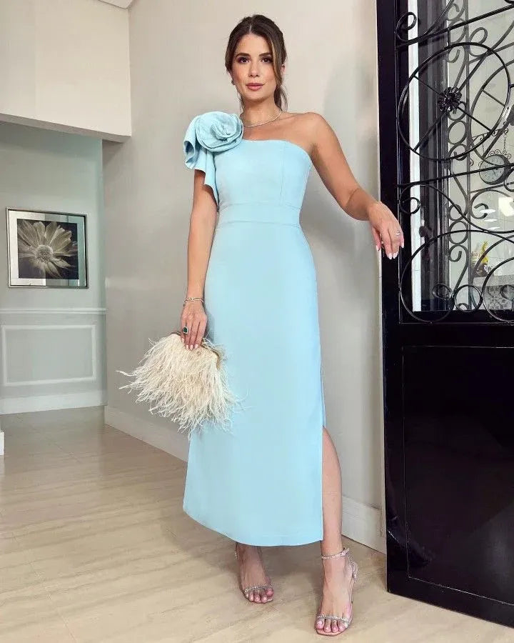 Elegant Crepe Midi Evening Dress Sky Blue One-Shoulder Floral-Accent for Women
