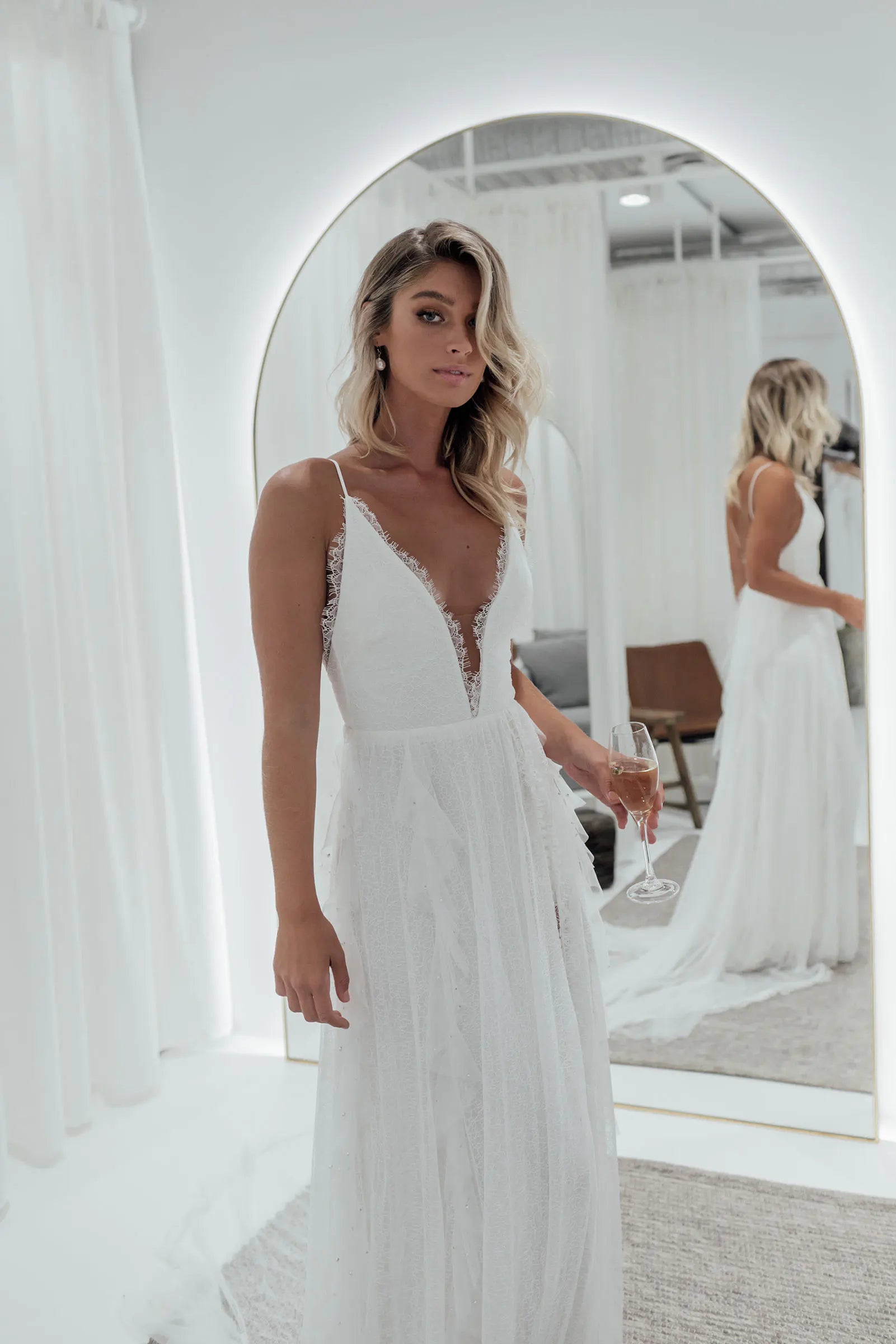 Elegant Deep V Neck Slit Open Back White Long Prom Dress Wedding Dress