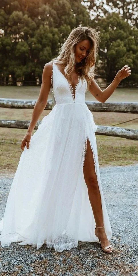 Elegant Deep V Neck Slit Open Back White Long Prom Dress Wedding Dress