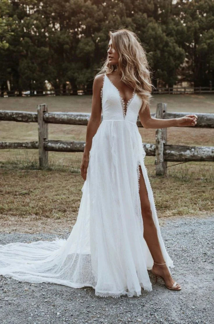 Elegant Deep V Neck Slit Open Back White Long Prom Dress Wedding Dress
