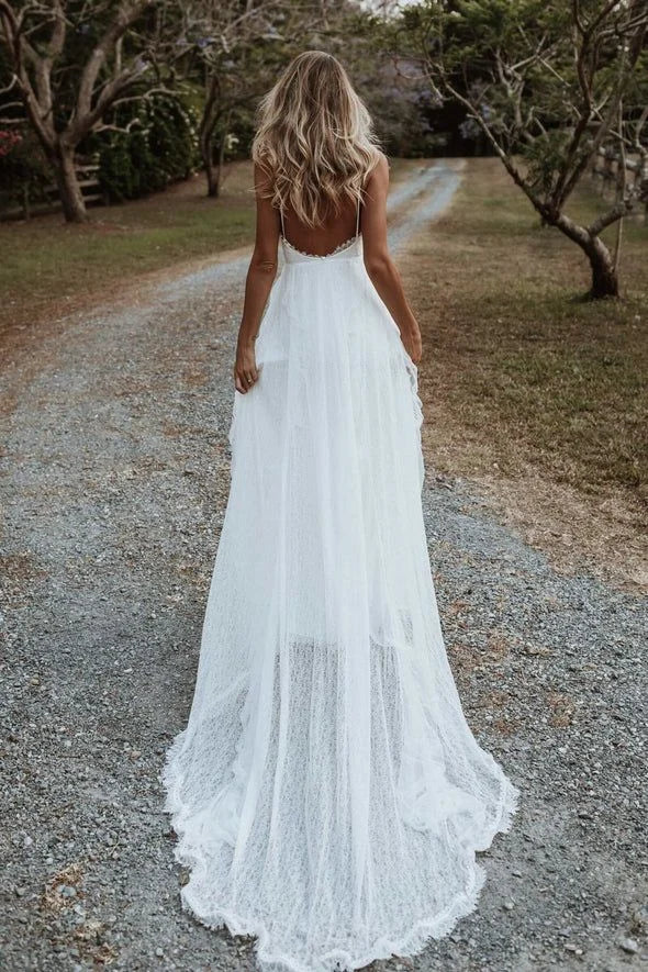 Elegant Deep V Neck Slit Open Back White Long Prom Dress Wedding Dress