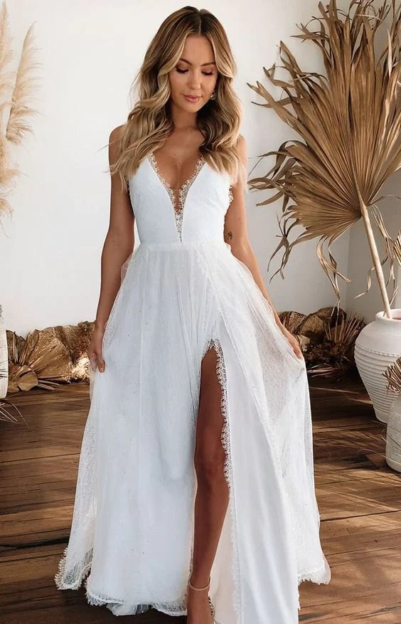 Elegant Deep V Neck Slit Open Back White Long Prom Dress Wedding Dress
