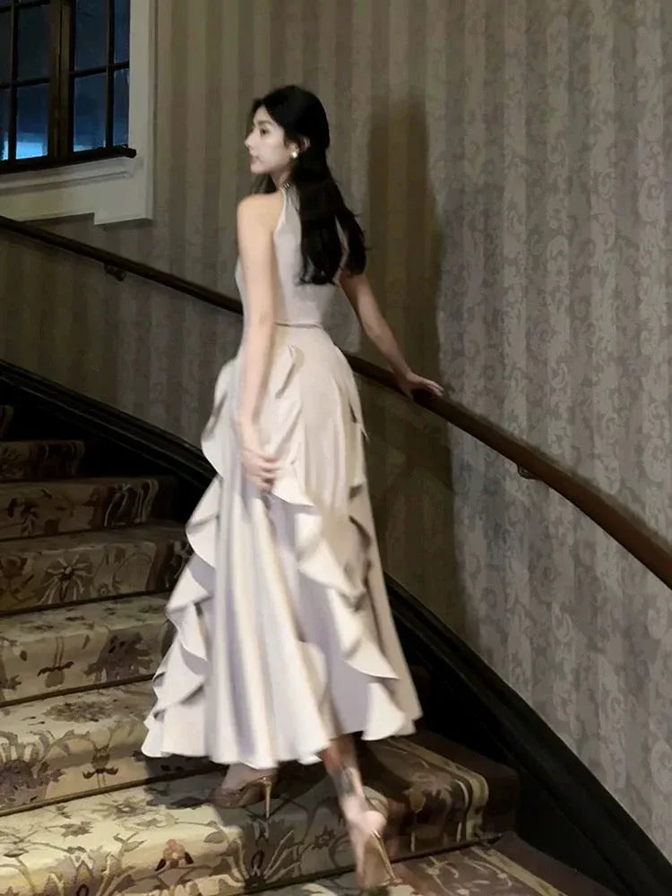 Elegant Fitted Halter Sleeveless Ruffled Blush Midi Prom Dress for Women