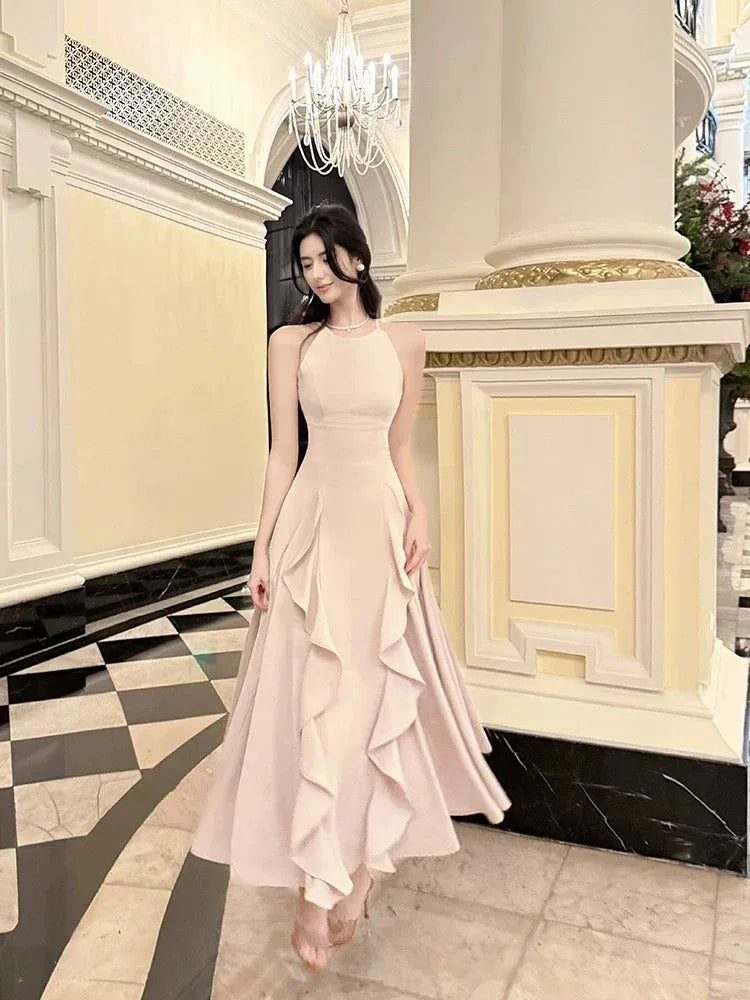 Elegant Fitted Halter Sleeveless Ruffled Blush Midi Prom Dress for Women