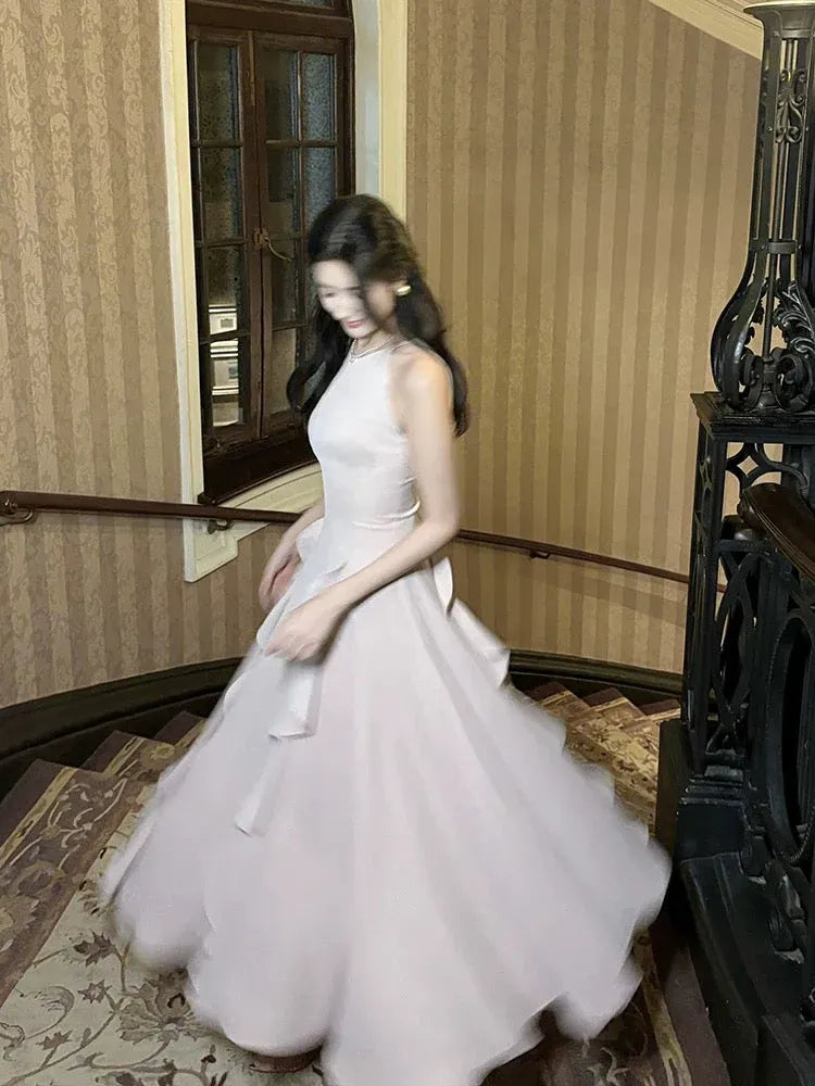 Elegant Fitted Halter Sleeveless Ruffled Blush Midi Prom Dress for Women