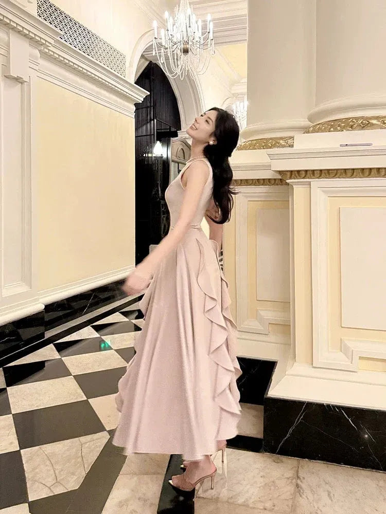 Elegant Fitted Halter Sleeveless Ruffled Blush Midi Prom Dress for Women