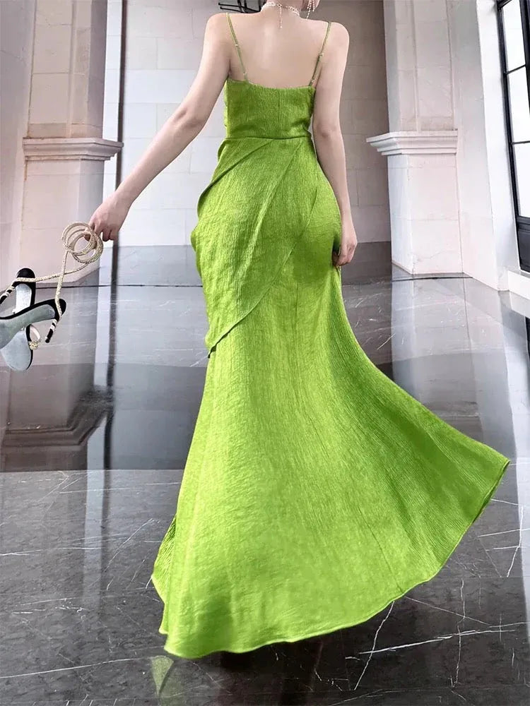 Elegant Fitted Spaghetti-Strap Ruched Lime Long Prom Dress for Women Ready to Ship