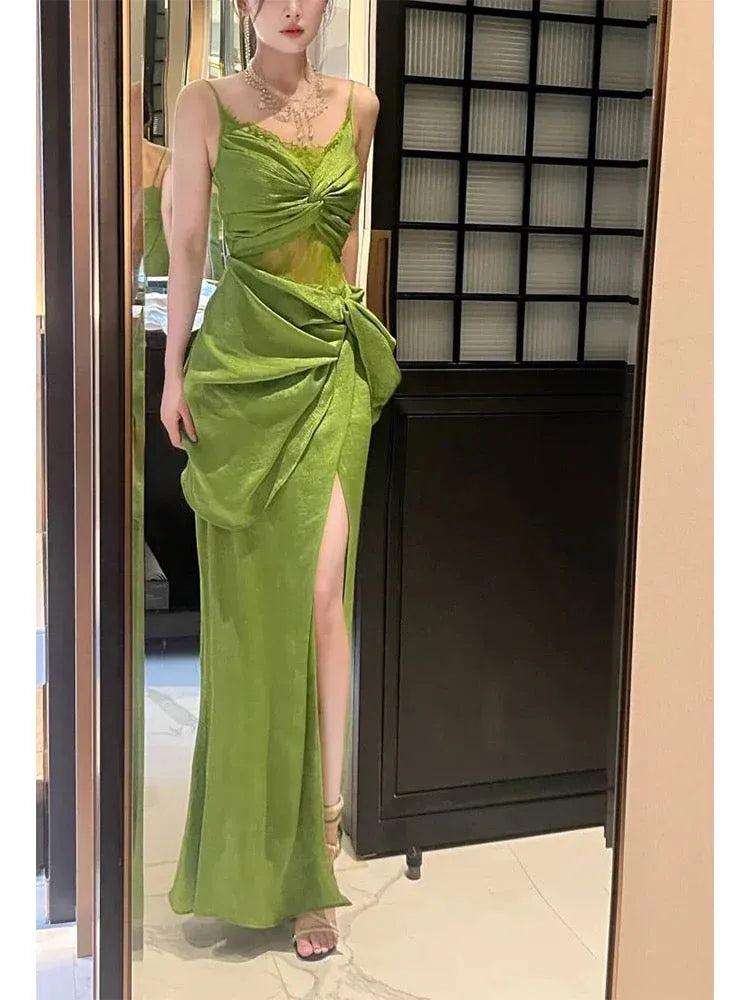 Elegant Fitted Spaghetti-Strap Ruched Lime Long Prom Dress for Women Ready to Ship