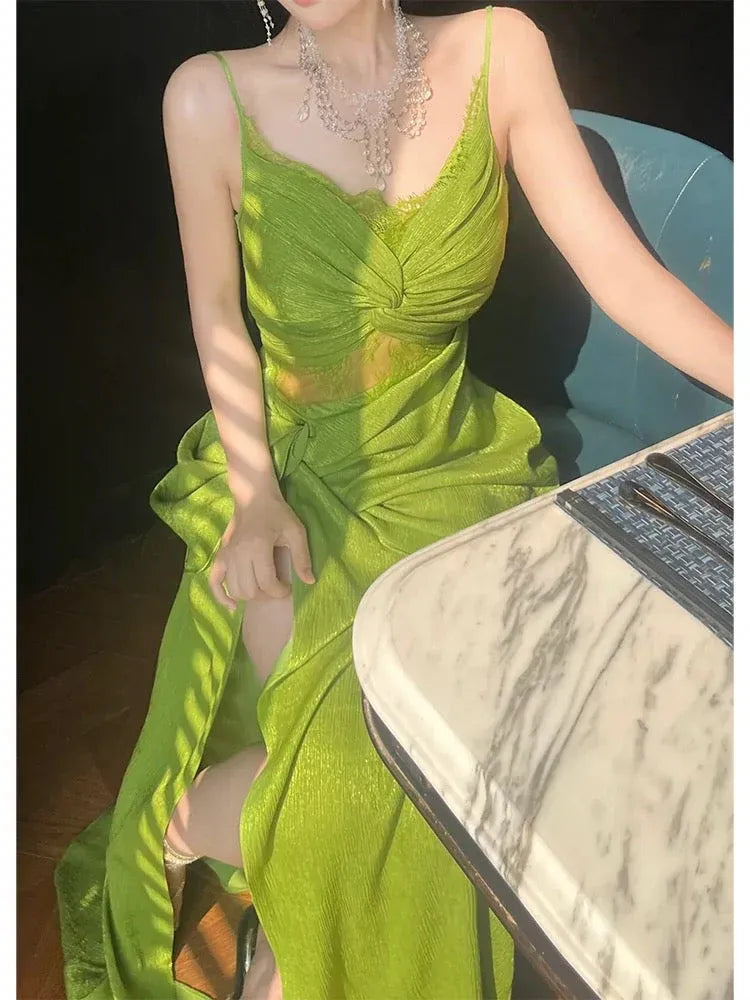 Elegant Fitted Spaghetti-Strap Ruched Lime Long Prom Dress for Women Ready to Ship