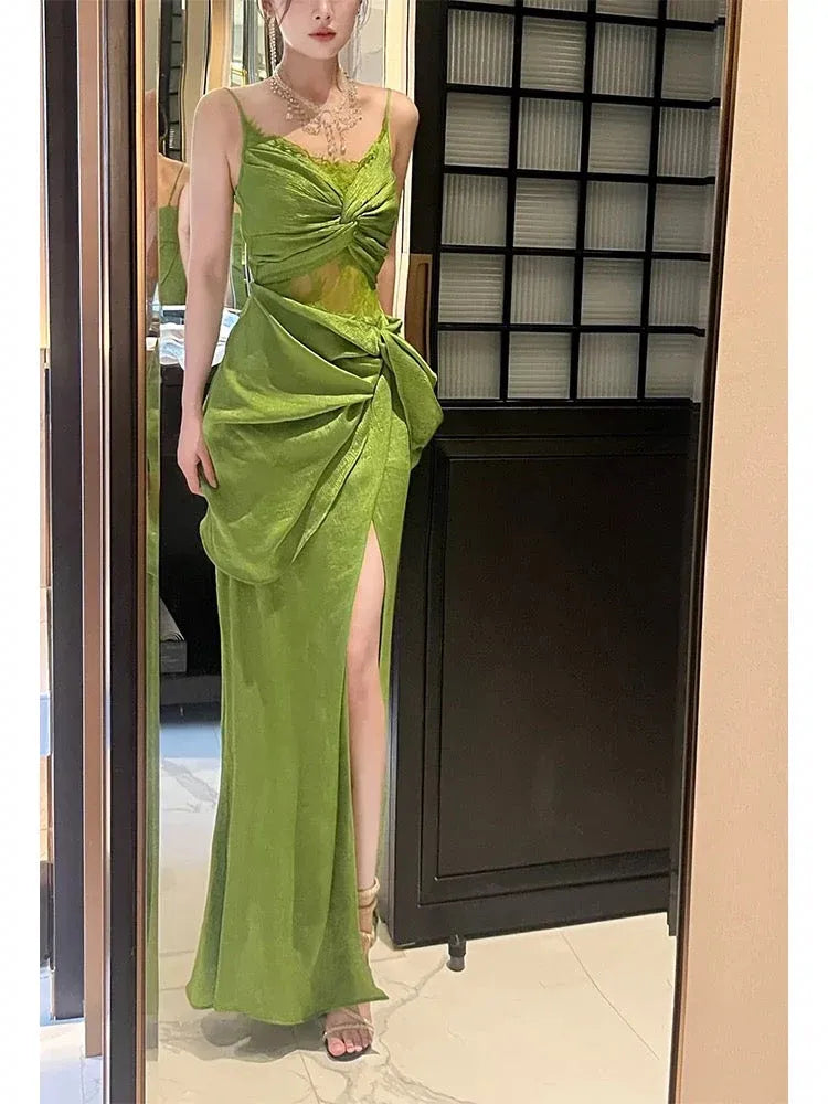 Elegant Fitted Spaghetti-Strap Ruched Lime Long Prom Dress for Women Ready to Ship