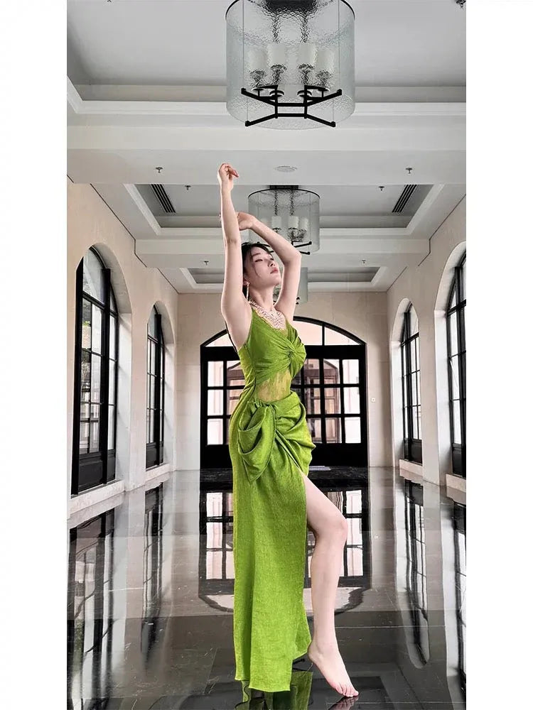 Elegant Fitted Spaghetti-Strap Ruched Lime Long Prom Dress for Women Ready to Ship