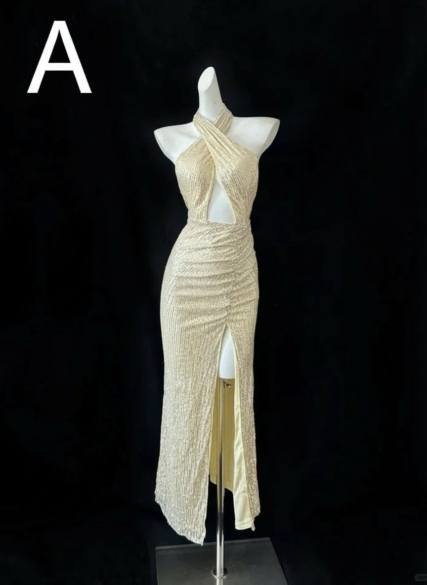 Elegant Halter Cutout Open Back Sequin Gold Long Party Dress With Slit