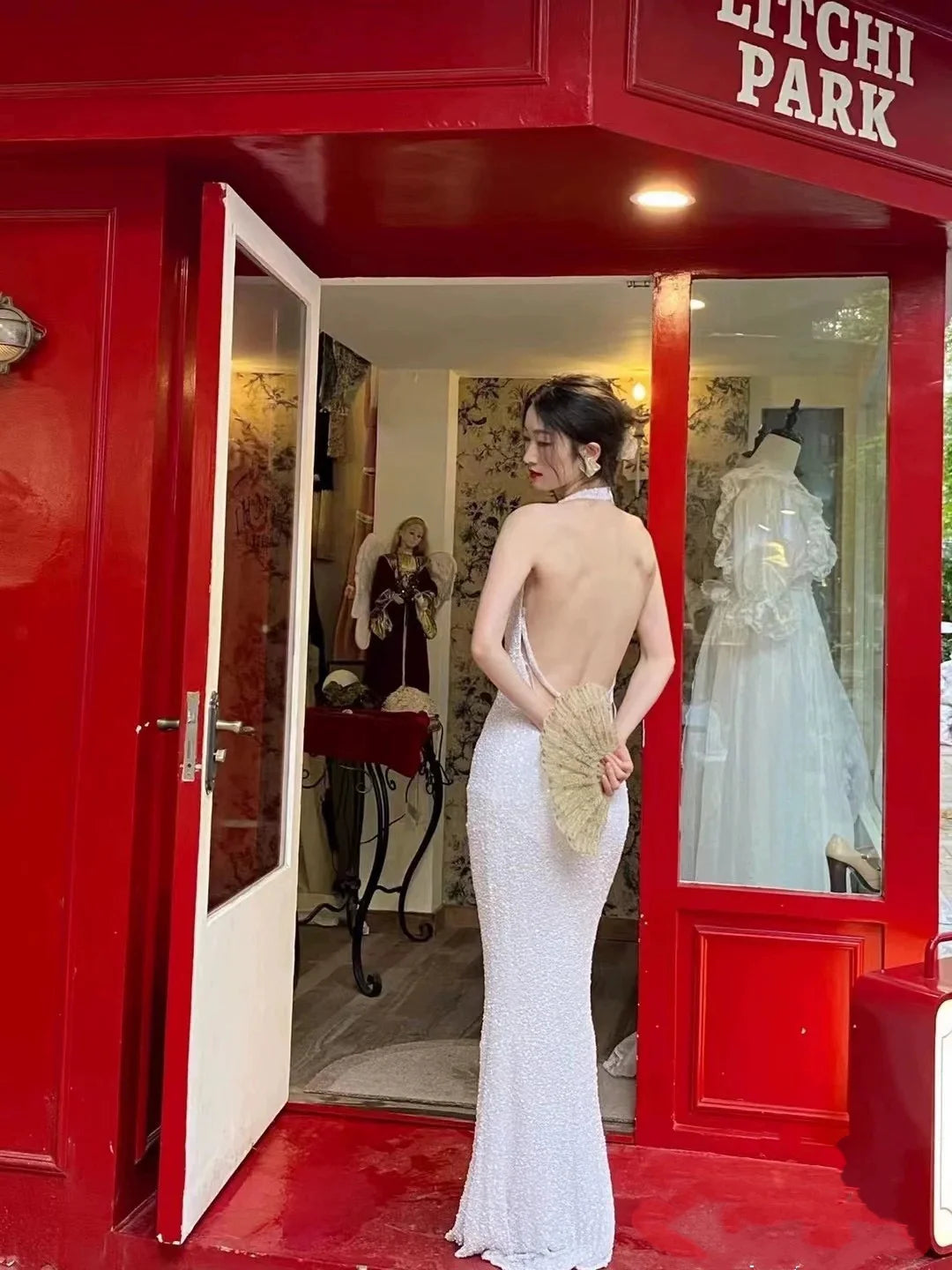 Elegant Halter Neck Open Back Sequin White Long Prom Dress Evening Dress