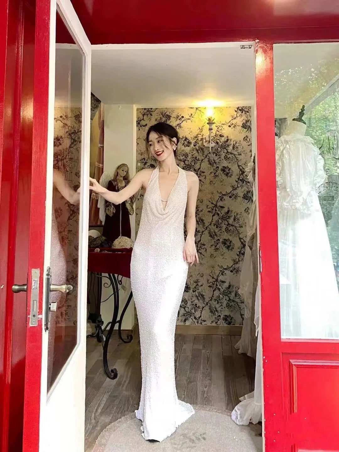 Elegant Halter Neck Open Back Sequin White Long Prom Dress Evening Dress