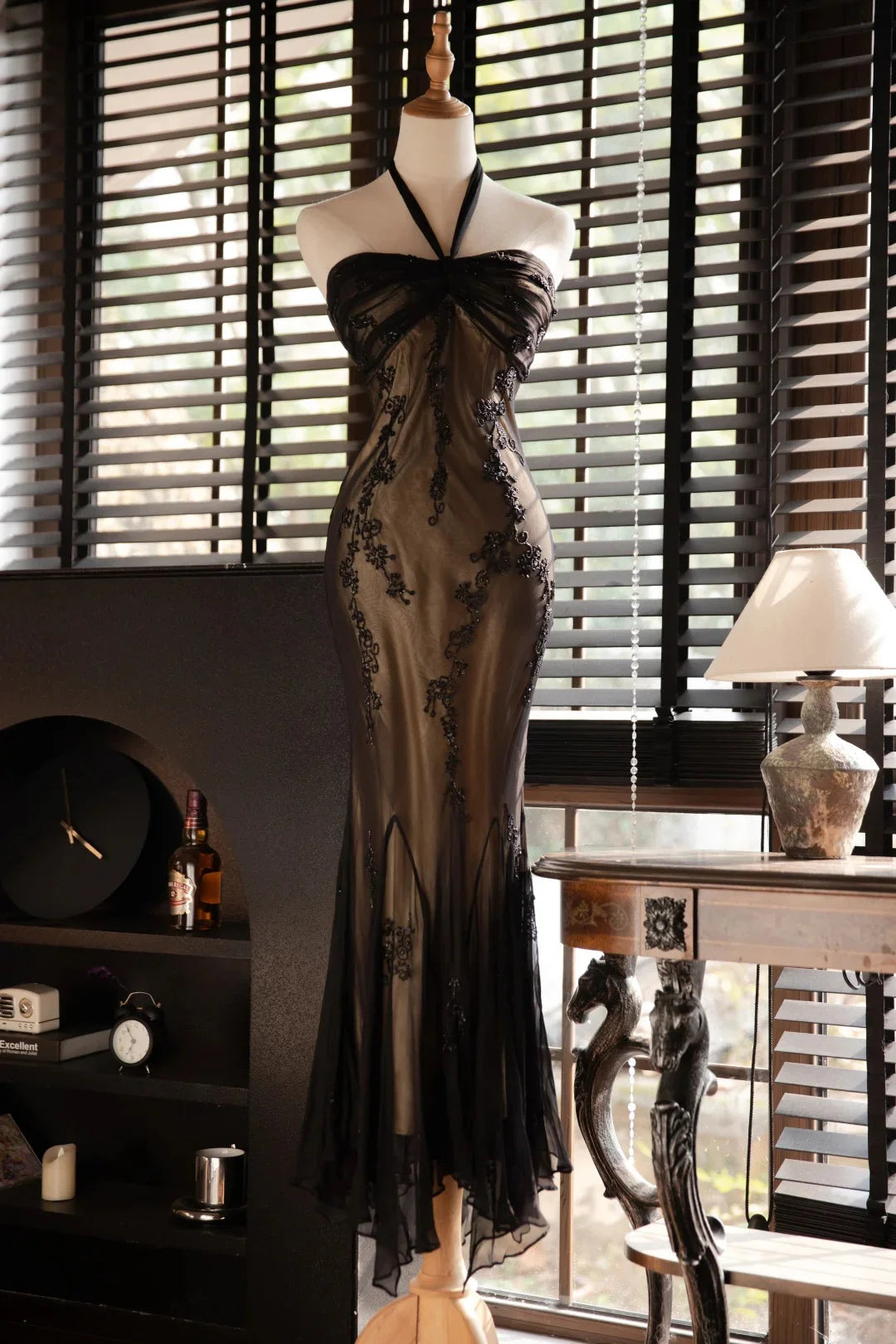 Elegant Halter Sleeveless Beaded Black Long Evening Dress Prom Dress