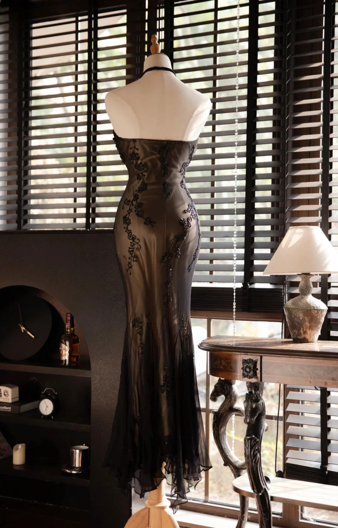 Elegant Halter Sleeveless Beaded Black Long Evening Dress Prom Dress