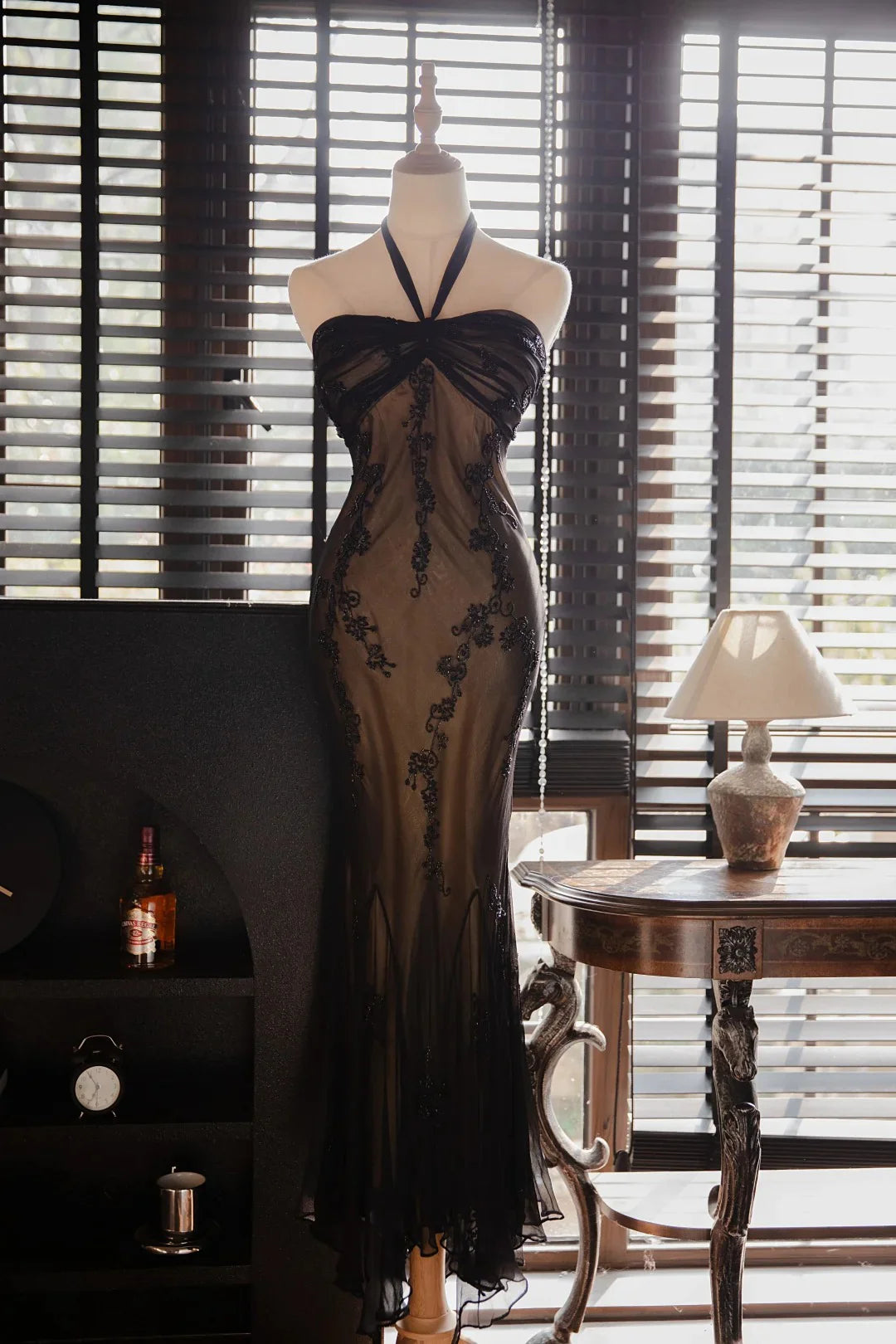 Elegant Halter Sleeveless Beaded Black Long Evening Dress Prom Dress