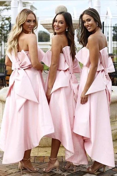 Elegant High-Low Strapless Pink Bridesmaid Dress with Bowknot/Dress Plus Size Formal