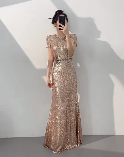 Elegant Jewel Short Sleeves Sequin Champagne Mother of the Bride Dresses