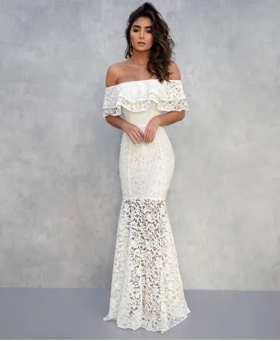 Elegant Lace Long Evening Dress White Off-Shoulder Mermaid for Women