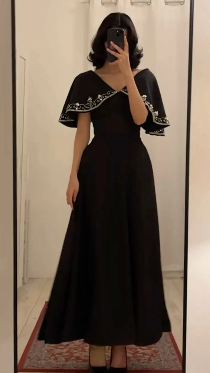 Elegant Matte Maxi Evening Dress Black V-Neck Cape Sleeves for Women