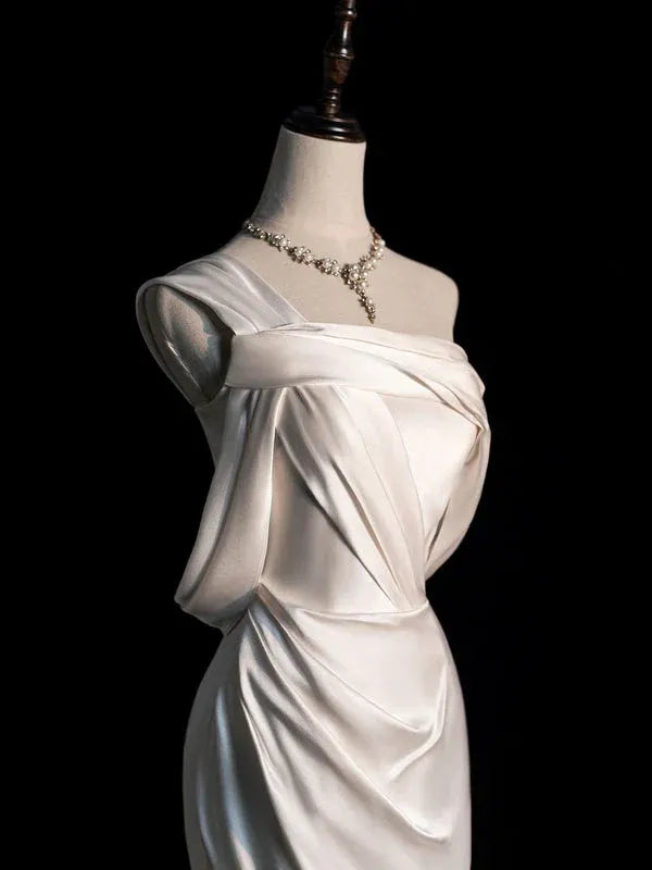 Elegant Mermaid Asymmetric-neck Sleeveless Draped Ivory Floor-length Prom Dress for Women Custom
