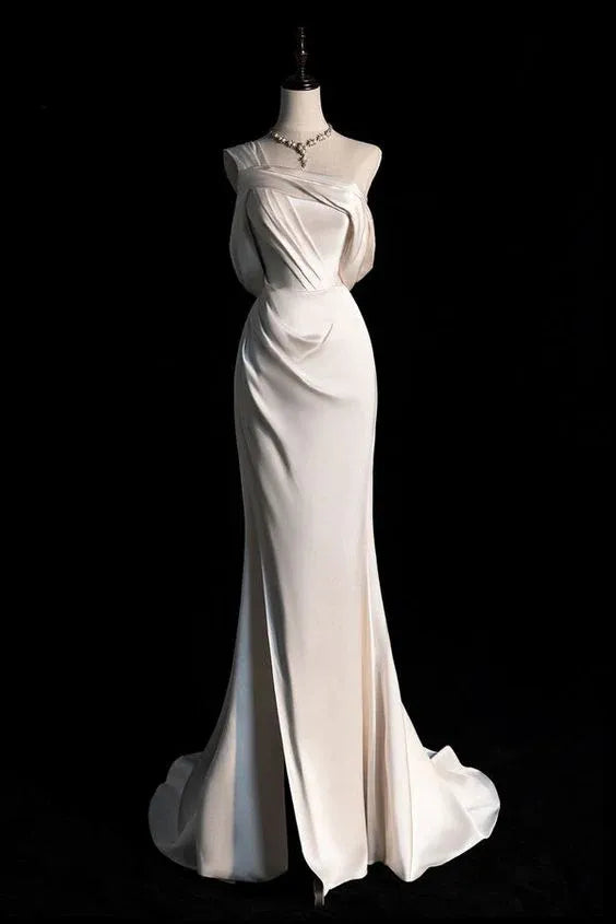 Elegant Mermaid Asymmetric-neck Sleeveless Draped Ivory Floor-length Prom Dress for Women Custom