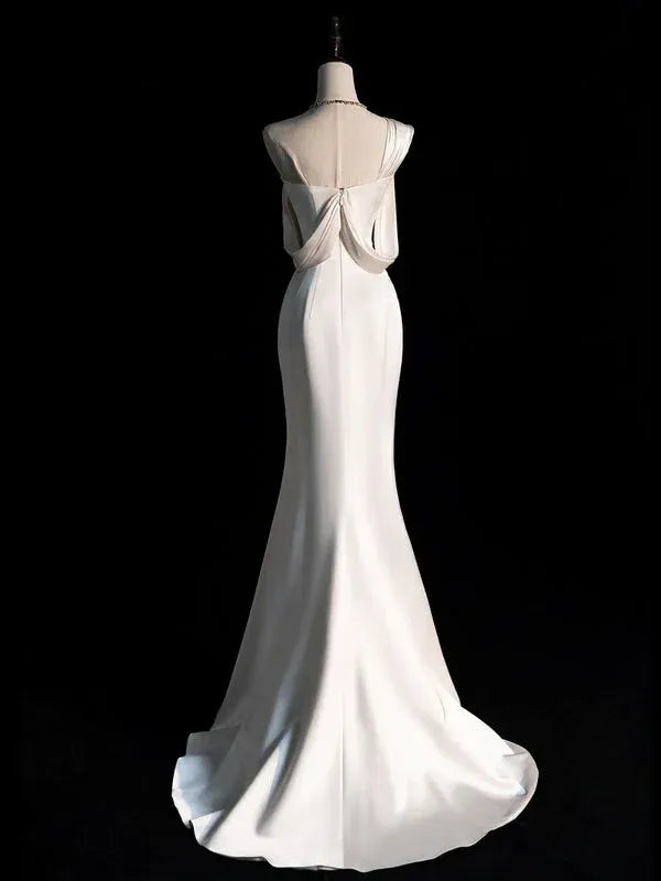 Elegant Mermaid Asymmetric-neck Sleeveless Draped Ivory Floor-length Prom Dress for Women Custom