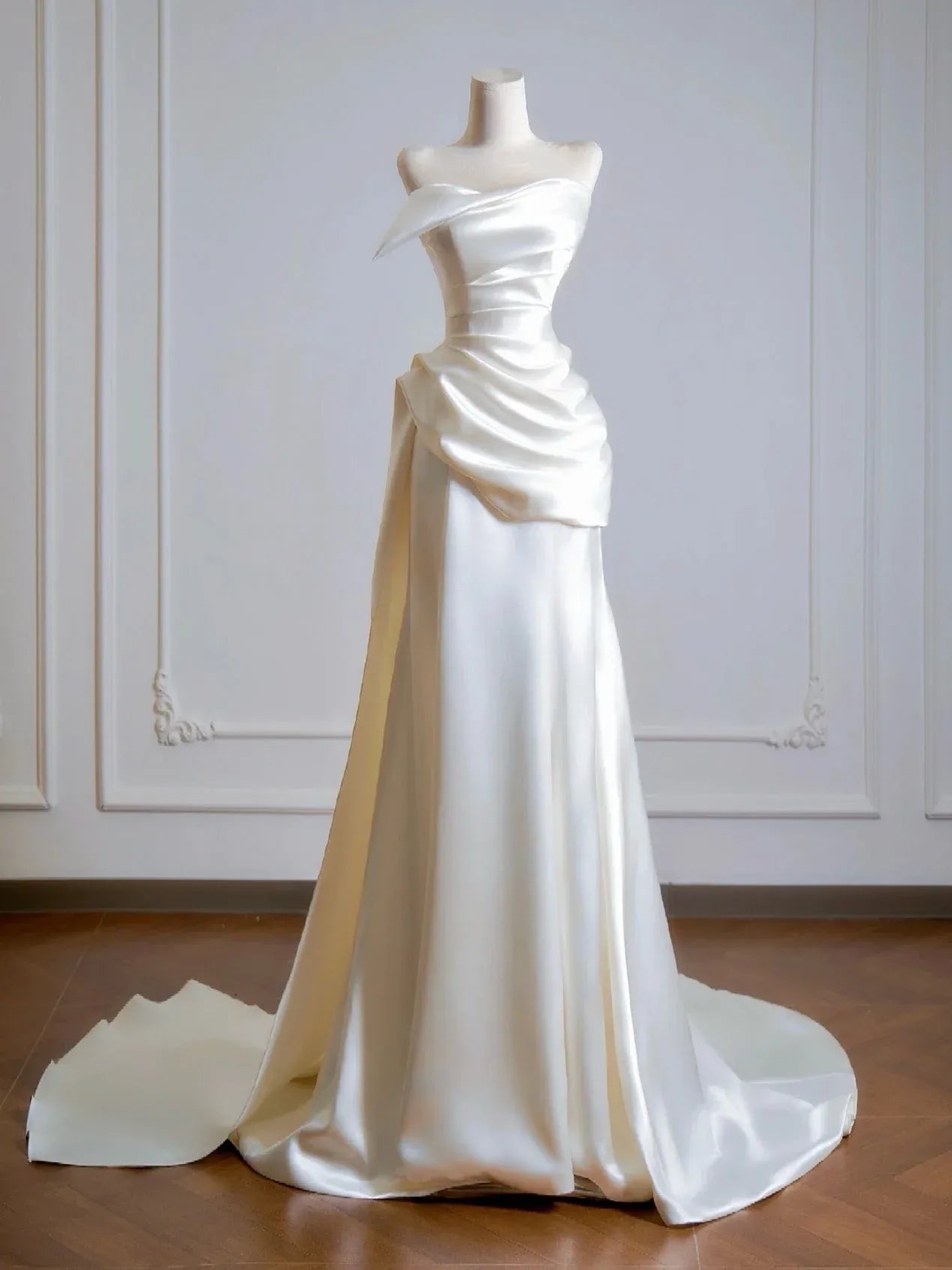 Elegant Mermaid Asymmetric Neck Sleeveless Draped Ivory Maxi Prom Dress for Women Custom