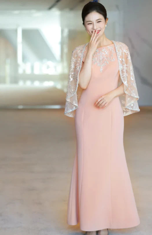 Elegant Mermaid Bateau Satin Pink Mother of the Bride Dresses With Cape