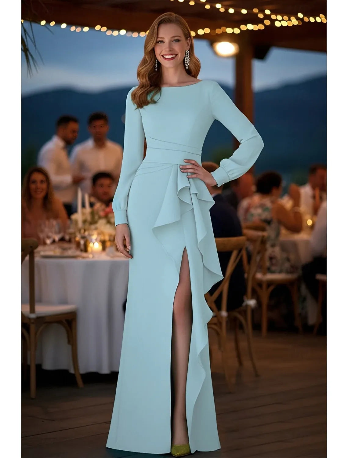 Elegant Mermaid Boat Neck Pleated Ruffled Whispering Blue Floor Length Prom Dress