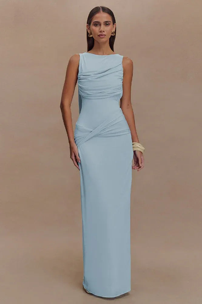 Elegant Mermaid Bateau Neck Ruched Open-Back Light Blue Floor-Length Prom Dress