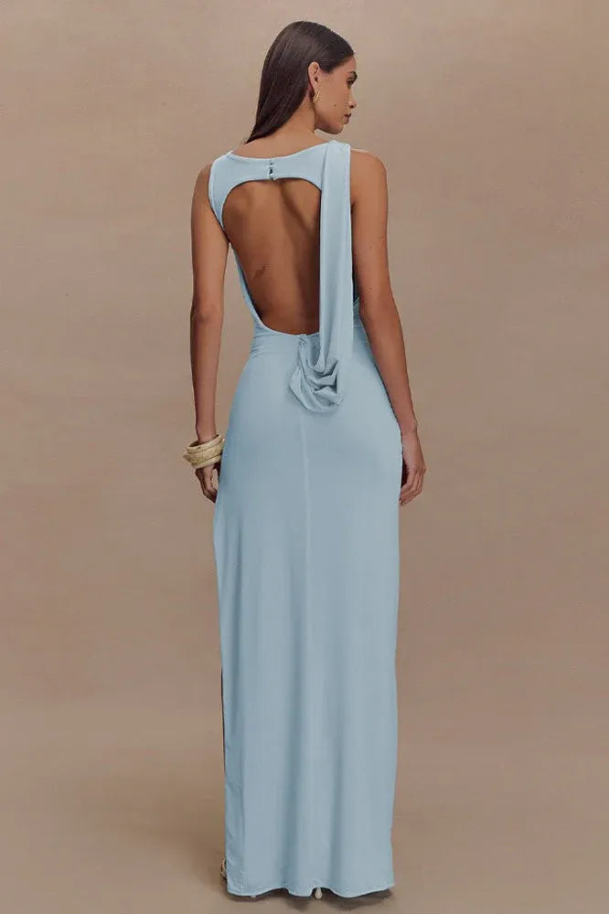 Elegant Mermaid Bateau Neck Ruched Open-Back Light Blue Floor-Length Prom Dress
