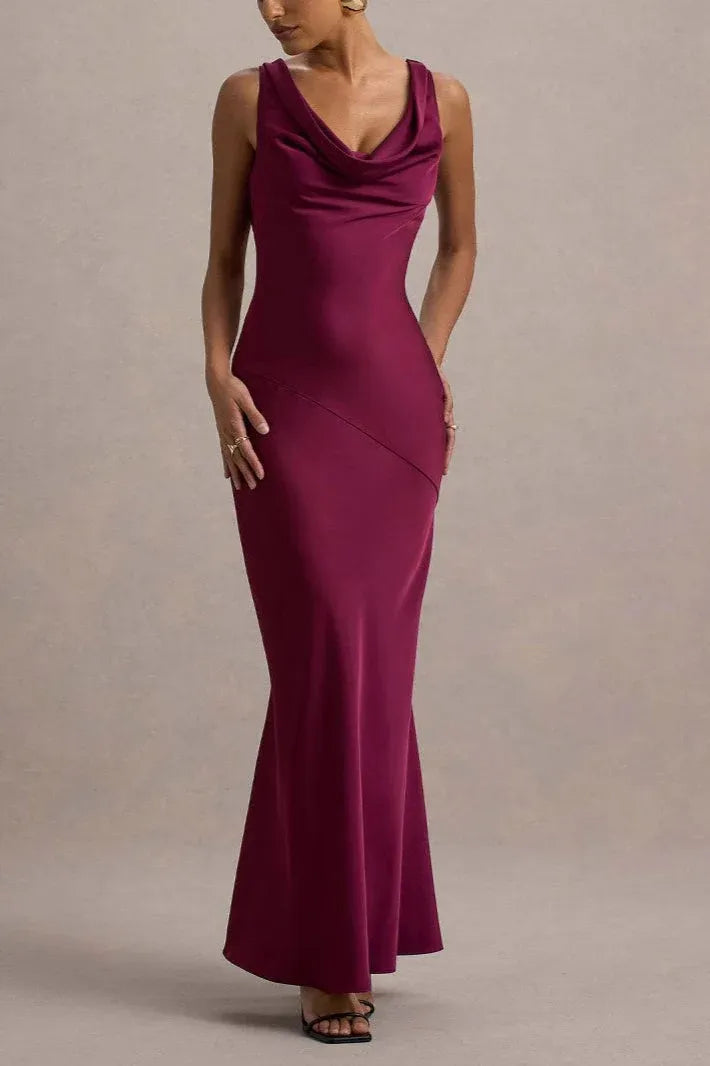 Elegant Mermaid Cowl-Neck Tie-Back Satin Sage Green Floor-Length Prom Dress