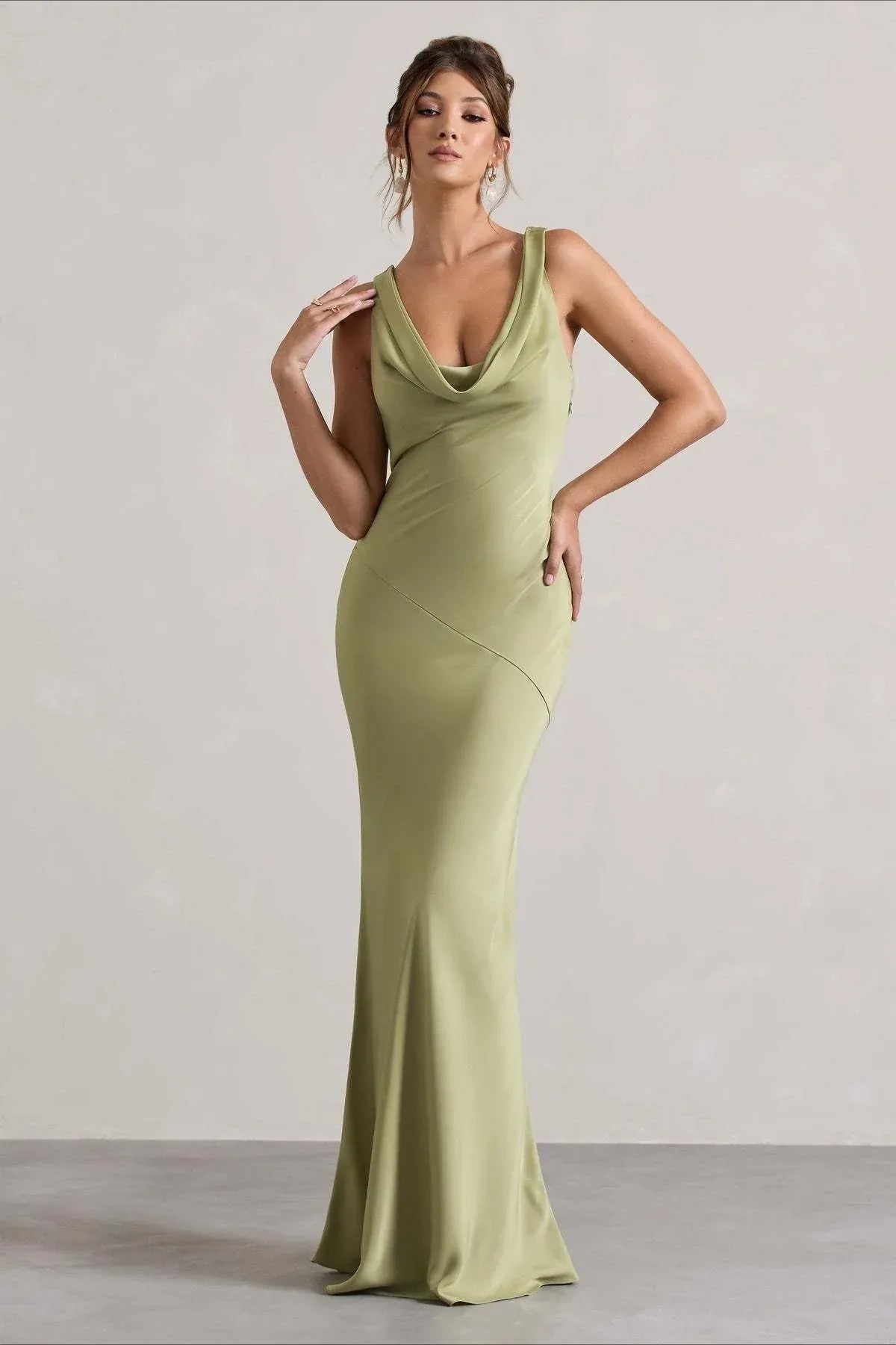 Elegant Mermaid Cowl-Neck Tie-Back Satin Sage Green Floor-Length Prom Dress